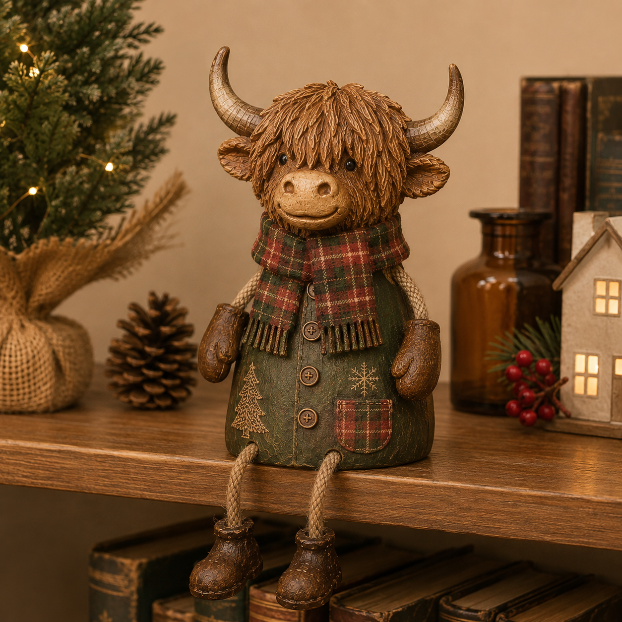 Cozy Christmas Highland Cow Shelf Sitter