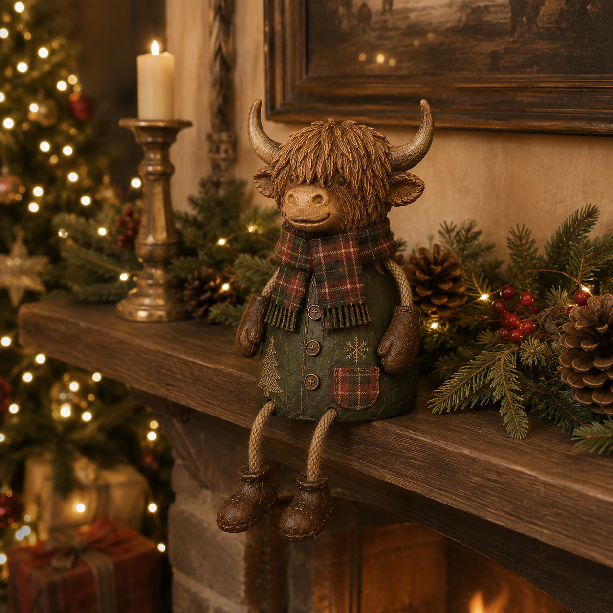 Cozy Christmas Highland Cow Shelf Sitter