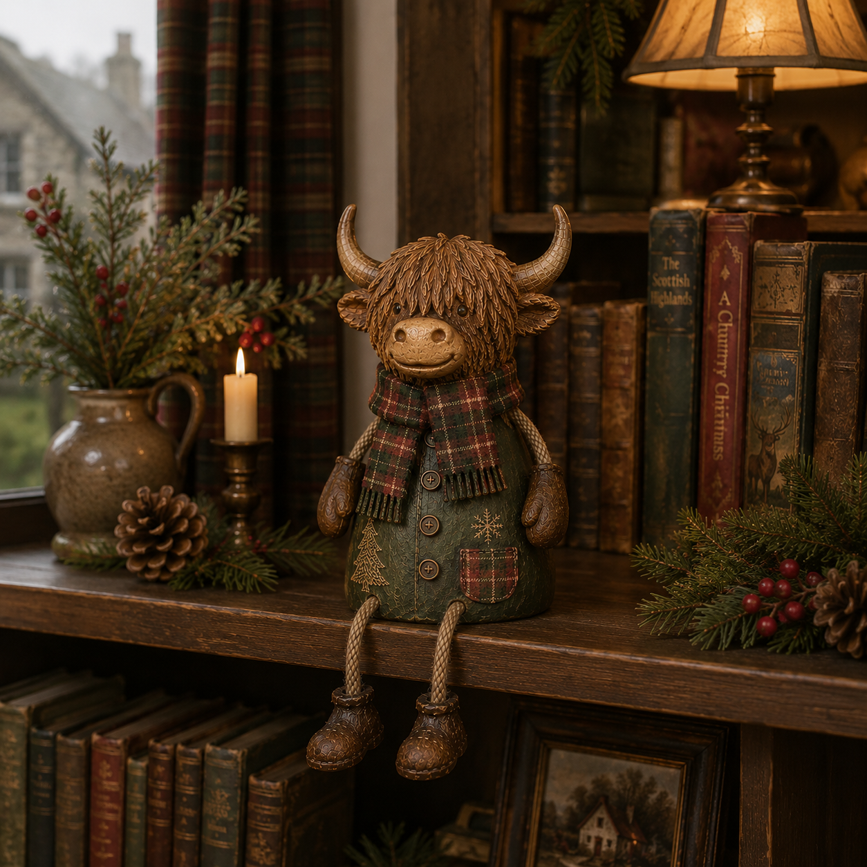 Cozy Christmas Highland Cow Shelf Sitter